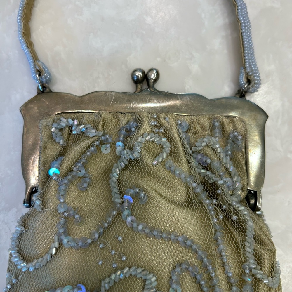 Saks Fifth Avenue Sequin and Beaded Evening Purse with attached mirror, clip top - Picture 6 of 14